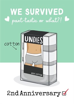Funny 2 Year Cotton Anniversary Undies Card. If your other half like a laugh this is the anniversary card for them! Share some funny and sexy anniversary love with this cute and colourful design.