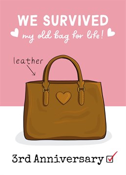 Funny 3 Year Leather Anniversary Old Bag Card. If your other half like a laugh this is the anniversary card for them! Share some funny and sexy anniversary love with this cute and colourful design.