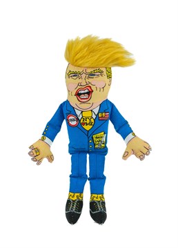 Give your dog a taste of politics with the Donald Dog Toy!. Realistic smug face. True to character details. Uncanny hair resemblance.  There definitely won't be any fake chews when you throw your Fido this realistic looking Donald Dog Toy! With uncanny resemblance both in the facial detail and its condescending look, your dog will just love gnawing at this president. To be sure that your anti-political pooch doesn't break the poor president or endite him, the toy has been reinforced with cotton ribbon in its seams. In addition to this, the squeakers are found in nylon pockets for extra protection making it harder for your dog to access them. Alas, like the leader of the free world, The Donald Dog Toy isn't completely secure. Meaning this product won't be suited to really sharp teeth.