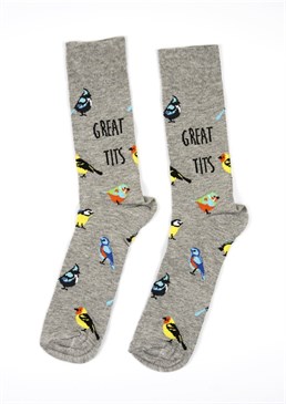 Pick up a pair of these tongue in cheek socks.. These socks are made from: 88% Cotton 10% Polyamide 2% Elastane.. Available in sizes 6-11.. It has been well documented that the phrase &lsquo;Great Tits' isn't always seen as a compliment; it may even earn you a slap. But thanks to Cockney Spaniel, these socks are only referring to the tit bird family. These make a great gag gift where you can deny all knowledge of what people may think is rude. It's their mind in the gutter, not yours. You're just giving some bird enthusiast a thoughtful gift. On the other hand, they are the perfect addition to a cheeky chappy or chappess's sock draw. Available in sizes 6 11, these socks will fit a range of adults and their cotton design promises ultra comfort.