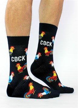Show your love for cock(erels) with these Nice Cock socks.. Available in sizes 6-11.. These socks are made from: 88% Cotton 10% Polyamide 2% Elastane.. Super comfortable..   Get your friend a tongue in cheek present and tell them you know how much they love cock thanks to these socks. They are of course referring to cockerels, so don't think there's anything rude going on here.  They're also available in sizes 6-11 making them perfect for most adults! Also, they're made from 88% cotton making them incredibly comfortable as well as hilarious.  Be sure to treat a  or even a bride to be at her hen do to these novelty socks and celebrate all things cock related.