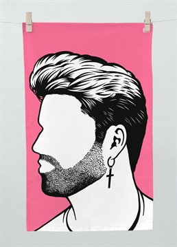 Celebrate the late, great man.. Beautiful silhouette design.. Famous wham era look.. Cool black and white on pink design..   Celebrate the life of one of Britain's greatest talents and adorn your kitchen with the George Michael Tea Towel. It is a stunning silhouette outline that depicts the icon in his Wham! Days, complete with the hair style and iconic crucifix earing.  Keep the memory of George Michael alive and smile as you dry your dishes as well as your eyes! Whack on some classic hits from the great man and enjoy this stunning tea towel in your home.  It goes without saying that this towel would make the ideal gift for any George Michael fan!