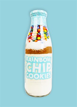 <p>Introducing: Baking made simple in 6 easy steps thanks to these ingenious Baking Bottles from our friends at Treat Kitchen! </p><p>What could be a better treat than chocolate chip cookies?! Oh yes, rainbow ones! Give the gift of a fun activity AND a yummy treat in one stylish bottle. Ideal for budding bakers or the perfect family activity for a rainy day, this handy cookie kit is hassle-free, easy to make and (most importantly) delicious to eat! Have all the fun sprinkling as many or as little rainbow chips as you like into your baking mix and enjoy the very sweet rewards after.</p><p>These novelty bottles make a unique birthday gift for all ages and the perfect solution to throwing away packaging. With less than 1% packaging waste, feel smug that you're treating yourself to something delicious whilst helping the environment - simply wash and reuse or recycle!</p><p>Baking Instructions<br />1. Whisk together 180g of room temperature butter and 2 eggs.<br />2. Add the contents of the bottle and combine to make a dough.<br />3. Form the dough into a roll and refrigerate for 30 mins.<br />4. Cut slices around 1 to 1.5cm thick from the roll and place onto a lined baking tray.<br />5. Preheat oven to 170&deg;C and bake the cookies for 16 to 18 minutes.<br />6. Let them cool before serving and enjoy!</p><p>Rainbow Chip Cookies Baking Bottle 638g (750ml) - Serves 24<br /><br />Nutritional Information (per100g): Energy 1607kJ Energy 379kcal Fat 3.3g of which saturates 1.7g Carbohydrate 80g of which sugars 38g Protein 7g Salt 0.26g<br /><br />Ingredients: </p><p><strong>WHEAT</strong> Flour, Granulated Sugar, Sugar Coated Milk Chocolate Candy Beans 16 % (Sugar, Cocoa Butter, Whole<strong> MILK </strong>Powder, Cocoa Mass, Whey Powder (<strong>MILK</strong>), Rice Starch, Thickening Agent: Gum Arabic; Emulsifier: Sunflower Lecithin; Glucose Syrup, Salt, Glazing Agents: Carnauba Wax, Beeswax, Shellac; Colours: Curcumin, Mixed Carotenes, Copper-Chlorophyllin Complex, Beetroot Red; Acidity Regulator: Citric Acid), Brown Sugar, Raising Agent: Sodium-Bicarbonate, Salt.<br /><br /><strong>Allergy Advice: For allergens including cereals containing gluten, see ingredients in BOLD.<br /><br />Warning: Also not suitable for peanut, nut and soy allergy sufferers due to manufacturing methods.</strong></p>