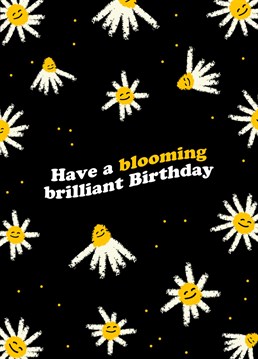 Cute daisies illustration with little smiley faces, the caption reads "Have a blooming brilliant Birthday".