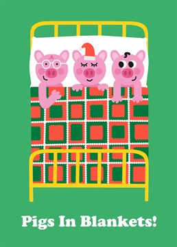 We love a silly pun! Super cute pigs in blankets Christmas Card. Designed by Studio Boketto.