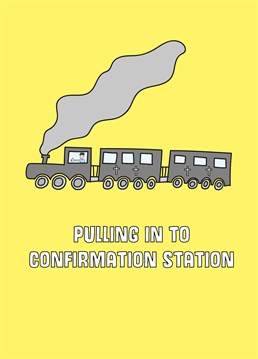Next stop: Confirmation! Add a dash of fun to their special day with this funny Scribbler design, perfect for a young train lover.
