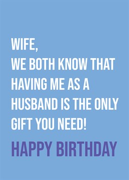 They say money can't buy happiness and don't you know it! No need for a birthday present this year when they have you for a husband! So, let your wife know with this hilarious card by Scribbler.