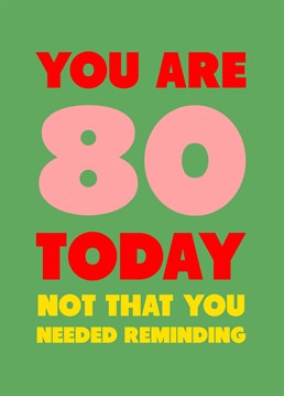 You'll never guess what... You're 80!! If they're feeling a touch sensitive about their age, rub it in with this funny birthday card by Scribbler.