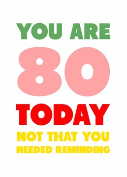 You'll never guess what... You're 80!! If they're feeling a touch sensitive about their age, rub it in with this funny birthday card by Scribbler.