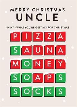 If your uncle's a Wordle addict then this format may look familiar� Sadly, he can't play this one but he'll appreciate the thoughtful sentiment this Christmas! Designed by Scribbler.