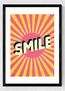 Shine a ray of positivity into your home with this bold sun and smile graphic art print by Scribbler.Available in A2 or A3, framed and unframed. Published by East End Prints and manufactured eco-consciously in the UK. Fine art quality print on 210gsm acid-free, archival paper, framed in obeche wood with an crylic glaze optically the same as glass.  Please note this product is made to order and is non-returnable.