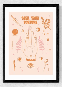 Seek your fortune and add a dose of mysticism to your walls with this muted peach and pink tone illustrative print by Scribbler.Available in A2 or A3, framed and unframed. Published by East End Prints and manufactured eco-consciously in the UK. Fine art quality print on 210gsm acid-free, archival paper, framed in obeche wood with an crylic glaze optically the same as glass.  Please note this product is made to order and is non-returnable.