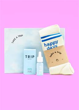 <ul>    <li>Guaranteed happy feet &amp; happy days!</li>    <li>Limited edition TRIP CBD gift set</li>    <li>Includes wild mint CBD oil &amp; a pair of stylish socks</li>    <li>Beautifully presented gift box</li>    <li>Ultimate feel-good gift for him!</li></ul><p>Boy, have we got a treat for your feet and your soul! We present to you the limited edition TRIP Socks &amp; CBD Oil Gift Set - for happy feet and happy days! This thoughtful gift is a match made in heaven that'll have you walking on cloud nine while reaching new heights of relaxation.</p><p>First up, we have the cosiest 'Happy Days' socks.&nbsp;Slip these bad boys on and you'll feel like you're walking on marshmallow clouds while wearing a hug on your feet! Made from high quality, organic cotton, these white and blue, ribbed socks give stylish, sporty and retro vibes that'll really elevate your sock game. It's pure comfort, style, and a whole lot of swagger, all rolled into one fabulous pair!<br /><br />But wait, there's more! Paired with the stylish socks is our trusty sidekick: TRIP Wild Mint CBD Oil. This liquid enchantment is like a calming hug for your entire being. Packed with premium CBD goodness, it's the ultimate elixir to melt away stress&nbsp;Simply place a few drops of CBD oil under your tongue and hold for a minute before swallowing - happy days!<br /><br />Imagine the scene:&nbsp;You slip on your socks, open your TRIP WIld Mint CBD Oil, and embark on a journey of relaxation and bliss. Whether you're settling in for a cosy night on the sofa, enjoying a self-care Sunday, or simply need an escape from the hustle and bustle of everyday life, this gift set is your golden ticket to tranquility. </p><p>From the CBD aficionado to the sock lover, the TRIP Socks &amp; CBD Oil Gift Set is the perfect pressie for that special someone in your life who deserves a little pampering and a whole lot of "me time."&nbsp;You don't even need to wrap this one - it's presented beautifully in a matching, cloud-covered gift box and tied with a bow for good measure!<br /><br />Don't miss out on this epic combo of comfort and relaxation. Get your hands (and feet) on this fab gift set 'cos it's time to put your feet up, kick back, and let the TRIP begin!&nbsp;</p><p><strong>This set contains one bottle of 1000MG Wild Mint CBD Oil and one pair of 'Happy Days' socks.</strong></p><p><strong>A full dropper contains approx. 20 drops and 66 MG CBD (STRONG).&nbsp;</strong><strong>Not suitable for children or pregnant women. Zero THC.</strong></p>