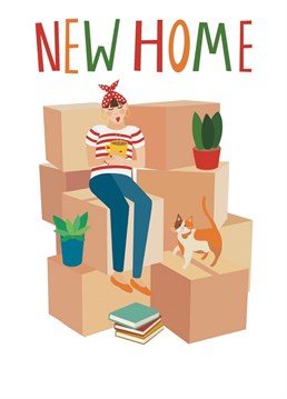 Celebrate your pal's new pad with this sweet illustrated moving boxes new home card.