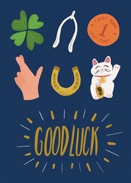 Send all the luck in the world with this cute illustrated lucky symbols good luck card.