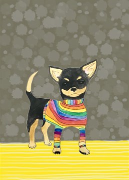 Send this cute chihuahua in a rainbow jumper to your friends and family. Ideal for anyone who loves dogs!    Illustrated by Sarah Lovell