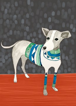 For the dog lovers!     Send this cute illustrated whippet in a stripy jumper to delight your friends and family, especially those who own whippets!    Illustrated by Sarah Lovell