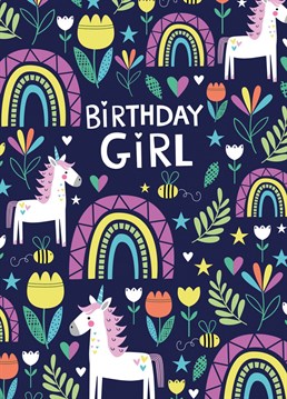A sweet card design with everything girly in mind, unicorns, rainbows hearts and stars, a perfect card for a Birthday girl