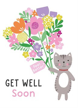 Send get well wishes with this adorable cat themed illustrated greeting card