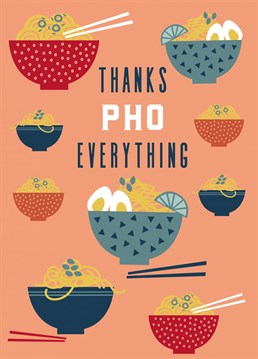 Pho themed Thank you card complete with cute food illustrations in bright bold colours