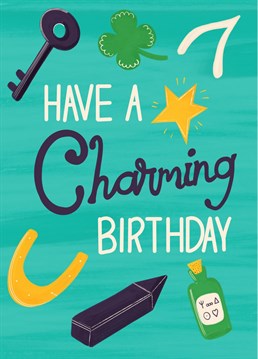 Wish someone a Happy Birthday with this charming, funny card featuring lucky charms, crystals and potions . Designed by Sarah Price.