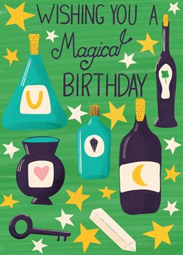 Wishing you a Magical Birthday. Send fun Birthday wishes with this Magic potion and crystal themed illustrated card. Designed by Sarah Price.