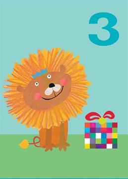 A lion bearing gifts is the perfect Square Birthday card Company offering for any three-year-old.