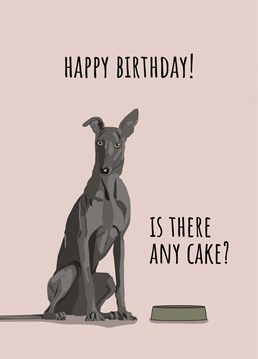 Does your greyhound appear speedily whenever there's food on offer? This one only came to wish you a happy birthday, honest. Feed your dog and cake loving personality with this cheeky illustrated card from Sassy Sarah.