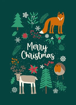 Send someone Christmas greetings with this pretty card featuring Christmas foliage and woodland animals. Designed by Sassy Sarah.