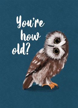 Send this cute birthday owl with its head cocked in surprise at how old you are. Funny card designed by Sassy Sarah.