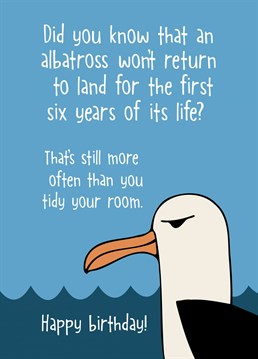Did you know that an albatross won't return to land for the first six years of its life? That's still more often than you tidy your room! Send this funny Birthday card to a kid who appreciates scientific facts. Designed by Sassy Sarah.