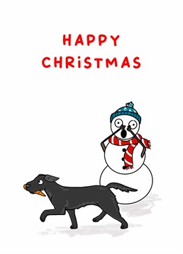 Send seasons greetings with this 'Black Labrador and Snowman Christmas Card'.