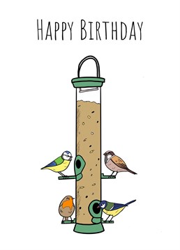 Send birthday wishes with this 'Birds on Bird Feeder Card'. Designed by Send Salutations.