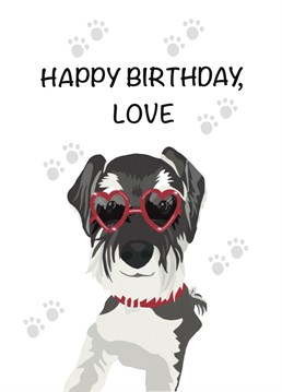 Say 'Happy Birthday, Love' with this fun and quirky card, featuring a cute miniature schnauzer dog. This birthday card is designed by Schnauzer Scribbles.