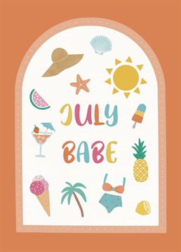 Send your friend this summer inspired July birthday card to wish them a happy birthday.    Cute illustrations of ice cream, the sun and beachwear.