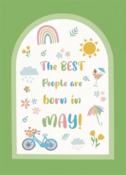 Send your loved one birthday wishes in May with this cute birthday card with illustrations of a rainbow, the sun and May inspired drawings.