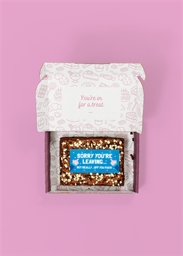 <p>Wish them a good send off with this funny brownie slab designed by Scribbler and brought to you by our partners Simply Cake Co!</p><p>This delicious super gooey sharing-size slab of chocolate brownie topped with real Belgian chocolate is an absolute dream, trust us!</p><p><strong>Please note that this product is fulfilled by our partner Simply Cake Co. and therefore will be sent separately to our other cards and gifts.</strong></p><p><strong>Ingredients:</strong></p><p>Caster sugar, Chocolate (Cocoa mass, Sugar, Cocoa butter, whole MILK powder, emulsifier SOY Lecithin, Natural Vanilla flavouring), White Chocolate (Sugar, Cocoa butter, whole MILK powder, emulsifier SOY Lecithin, Natural Vanilla flavouring), Butter (MILK, salt), free-range EGG, gluten-free flour blend (pea, rice, potato, tapioca, maize, buckwheat), cocoa powder, mixed chocolate sprinkles (sugar, whole MILK powder, cocoa butter, cocoa mass, skimmed MILK powder, emulsifier SOYA lecithin, flavour, vanillin), xanthan gum, wafer paper (Potato Starch, Water, Olive Oil, maltodextrin) icing (Water, starch (maize), dried glucose syrup, humectant: glycerine, sweetner: sorbitol, colour: titanium dioxide, vegetable oil (rapeseed), thickener: cellulose, emulsifier: polysorbate 80 flavouring, vanillin, sucralose), colourings ( water, humectant, E1520, E422, food colouring ( e120, e122, acidity regulator e330, e151, e110, e102).<br /><br /><br />For allergens please see above. Made in a bakery that handles MILK, EGGS, SOYA, NUTS &amp; PEANUTS therefore may contain traces.&nbsp;<br />Not suitable for vegetarians.</p>