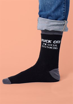 Stay the fuck back! Stock up on socks, just in case Funny Lockdown Gifts themed gift Made from: 77% cotton, 22% polyamide, 1% elastane Unisex size 6-11 Be extra careful and keep everyone at foot's length (a couple of feet will do!) during the Coronavirus pandemic&hellip; For once, the whiffier your feet, the better! Send the top tier gift of a pair of black and grey socks sporting an isolation inspired slogan &ndash; great for all occasions! It takes a special kind of person to strut their stuff in this ballsy design but trust us, they're seriously comfy and will keep most adult's toes cosy and warm. We're sure you can think of a few people who deserve to be cheered up with these rude, novelty socks!  New In Most Popular For Him For Her Lockdown Gifts Gifts Gifts Under A Tenner Secret Santa Stocking Fillers Accessories Socks