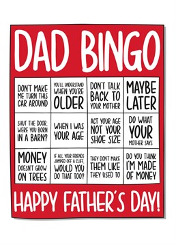 This funny Father's Day card features a bingo card with several typical phrases that every Dad comes out with.    Ideal for your Dad this Father's Day, this card will surely make your recipient smile!