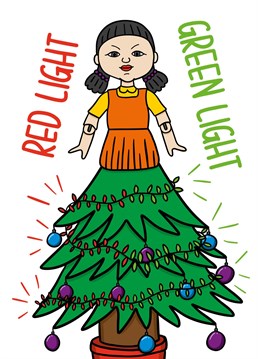This card features a new decoration for your Christmas tree this year... red light, green light!