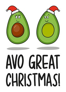 This funny card features 2 santa hat wearing avocados and the phrase "Avo Great Christmas!" Ideal for an avocado lover, vegan, vegetarian or millennials this Christmas, this card is sure to make your recipient laugh and smile!