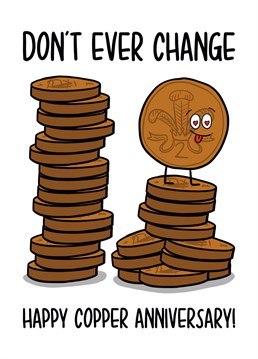 Celebrate your 9th year of marriage with this funny pun copper anniversary card.