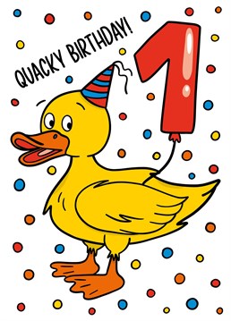 This Duck 1st birthday card features a duck holding a number 1 balloon with the phrase "Quacky Birthday!" Ideal for a baby boy or baby girls first birthday.