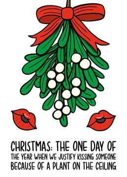 This mistletoe Christmas card features an illustration of mistletoe and kisses with the phrase "Christmas: The one day of the year when we justify kissing someone because of a plant on the ceiling"