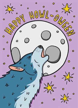 This wolf Halloween card features a wolf howling at the moon with the phrase "Happy Howl-oween". Ideal card for an invitation for a Halloween party.