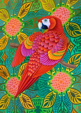 Wow this Red Parrot's really hot in a tropical paradise of luscious leaves and fanciful flowers by Tattersfield Designs.