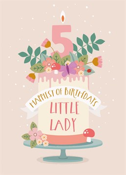 Wish a special little lady a very happy 5th birthday, with this pretty fairytale woodland cake card.