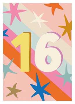 Wish your loved one a happy 16th birthday with this colourful card.