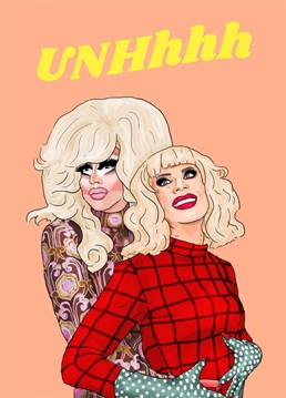 Ru Paul's Drag Race fan art illustration Birthday Anniversary card.    Wish a fab birthday with the Trixie and Katya Anniversary card, created with love by The Queer Store