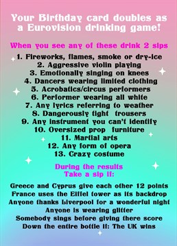 This is the ultimate Birthday card/ Drinking game for your Eurovision viewing party! Original design by The Queer Store